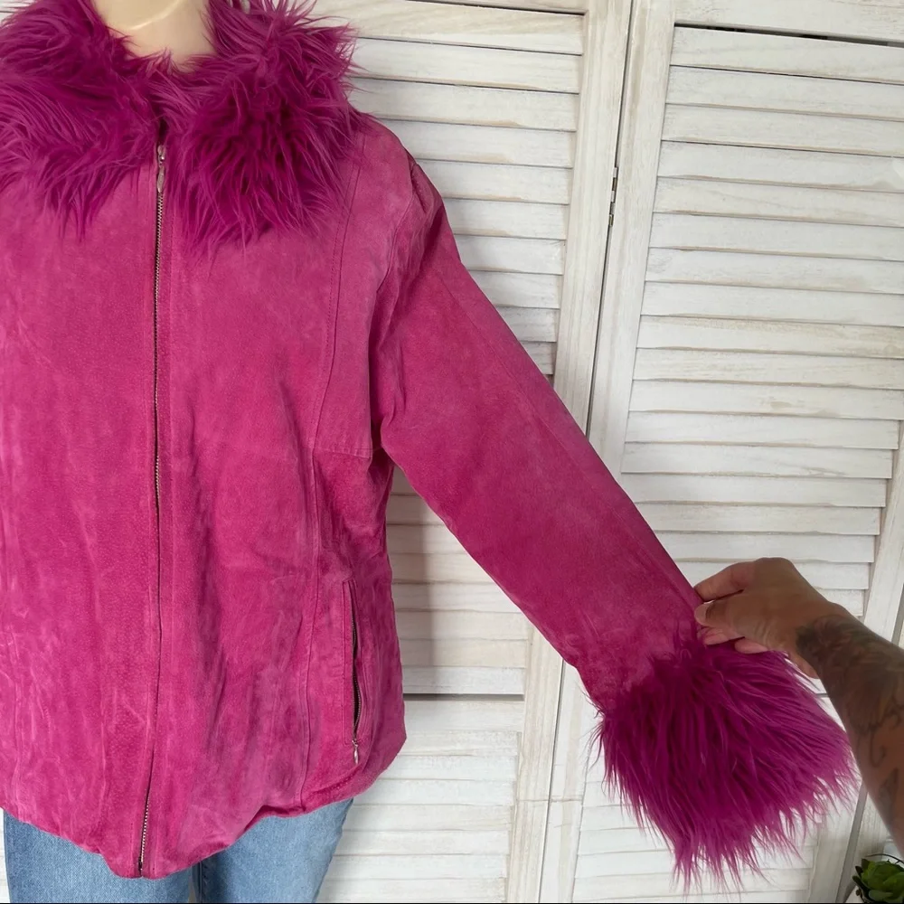 WILSONS LEATHER MAXIMA 90s PINK LEATHER W/ FAUX FUR TRIM COAT - Picture 7 of 14